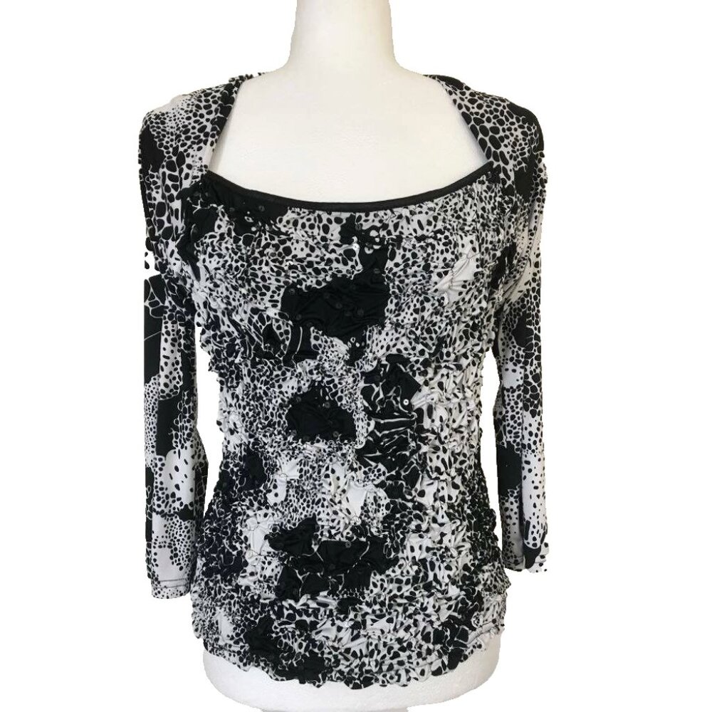 JOSEPH RIBKOFF Top Size 10 Black White Puckered Front Sequins 3/4 Sleeves
